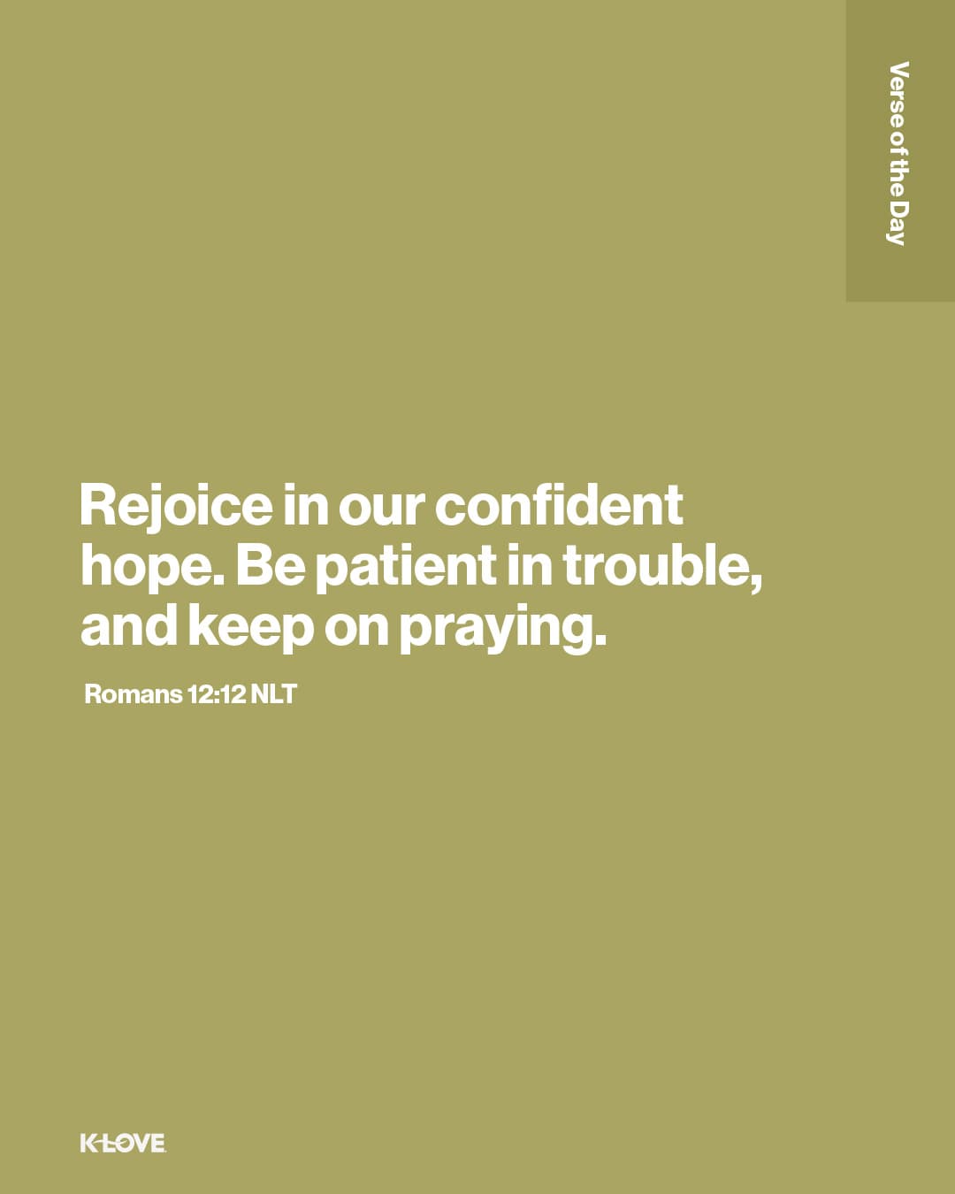 Rejoice in our confident hope. Be patient in trouble, and keep on praying.