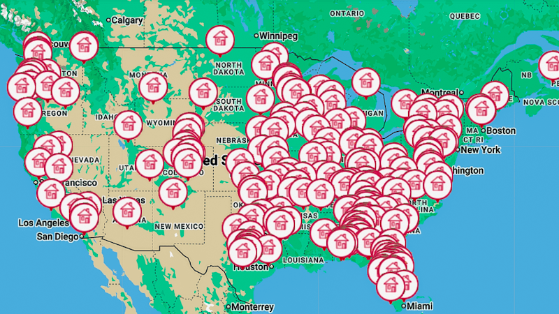 U.S. map dotted with hundreds of homes available for ministers or missionaries to stay.