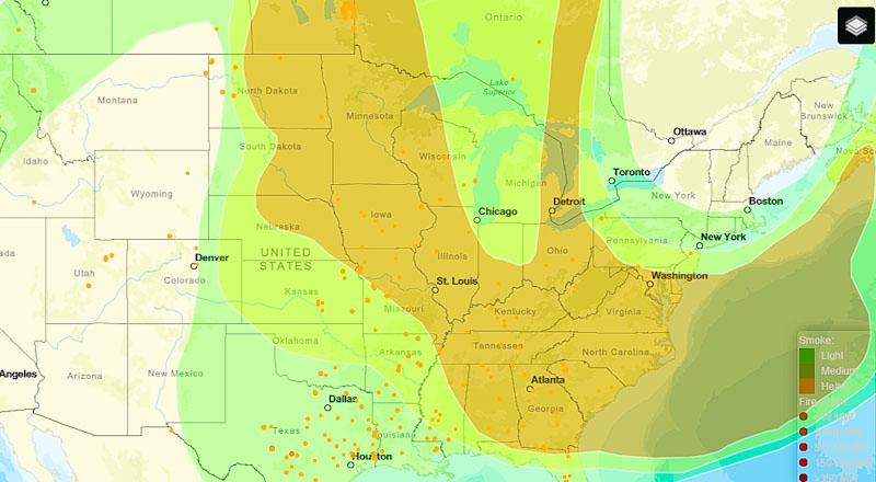 Smoke map showing coverage of American states