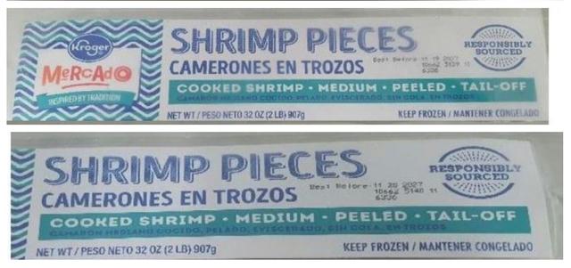 Combination photos provided by the U.S. Food and Drug Administration shows labels for Kroger Mercado Cooked Medium Peeled Tail-Off Shrimp 