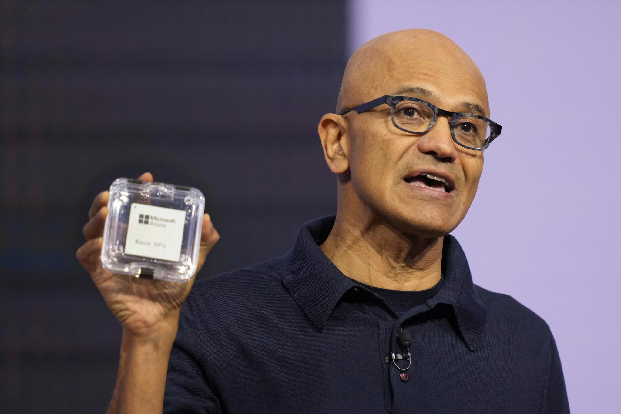 Microsoft CEO Satya Nadella introduces the Azure Boost DPU at the company's Ignite conference Tuesday, Nov. 19, 2024, in Chicago.