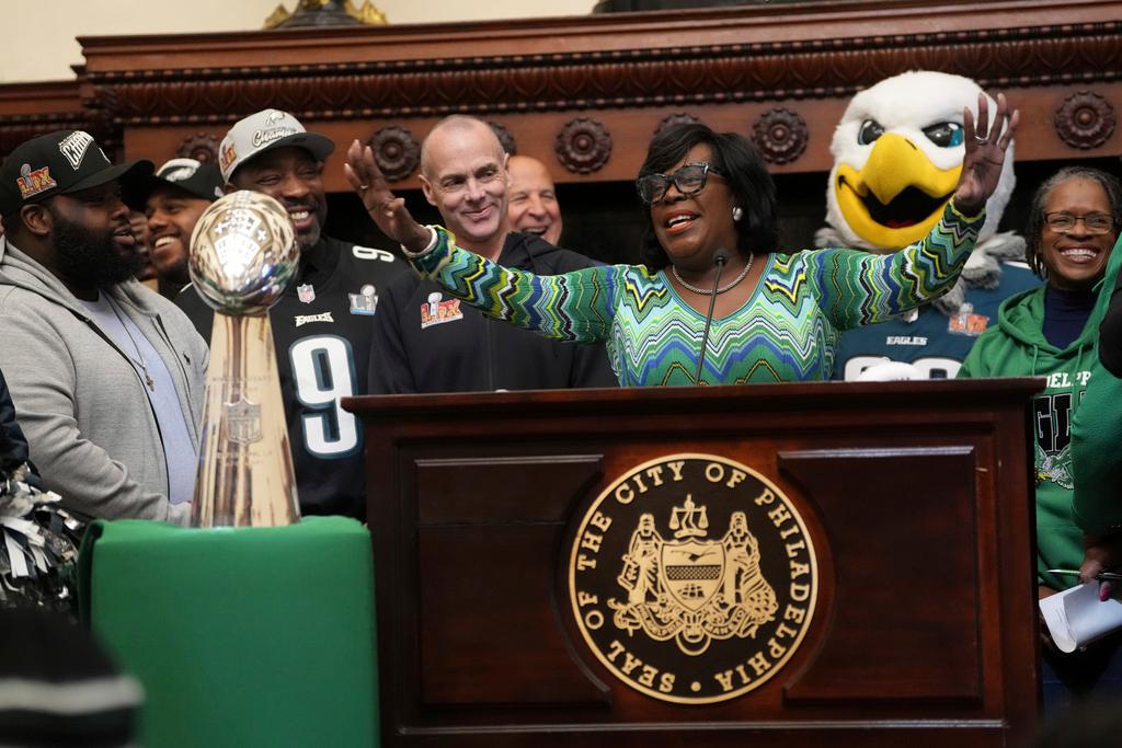 Philadelphia Mayor Cherelle Parker accompanied by Philadelphia Eagles President, Don Smolenski