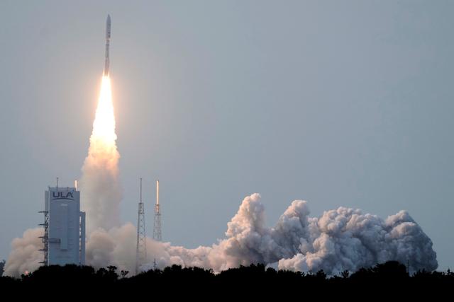 A United Launch Alliance Atlas V rocket with a payload of 27 of Amazon's Project Kuiper internet satellites lifts off from Launch Complex 41 at the Cape Canaveral Space Force Station
