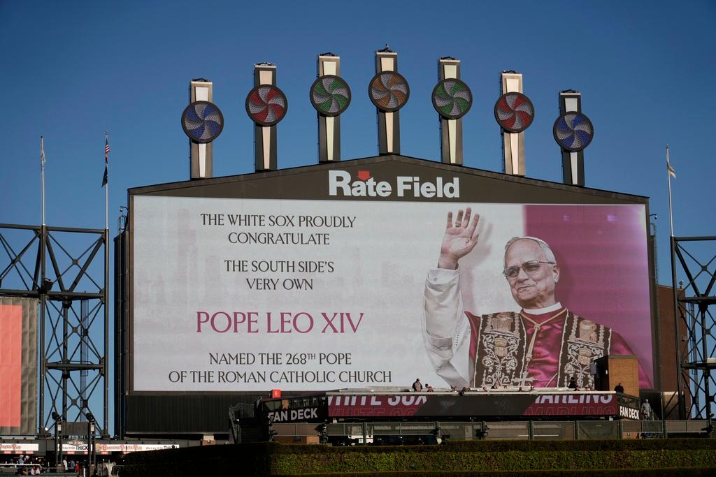 Chicago White Sox honors Pope Leo XIV on the scoreboard before a baseball game against the Miami Marlins,