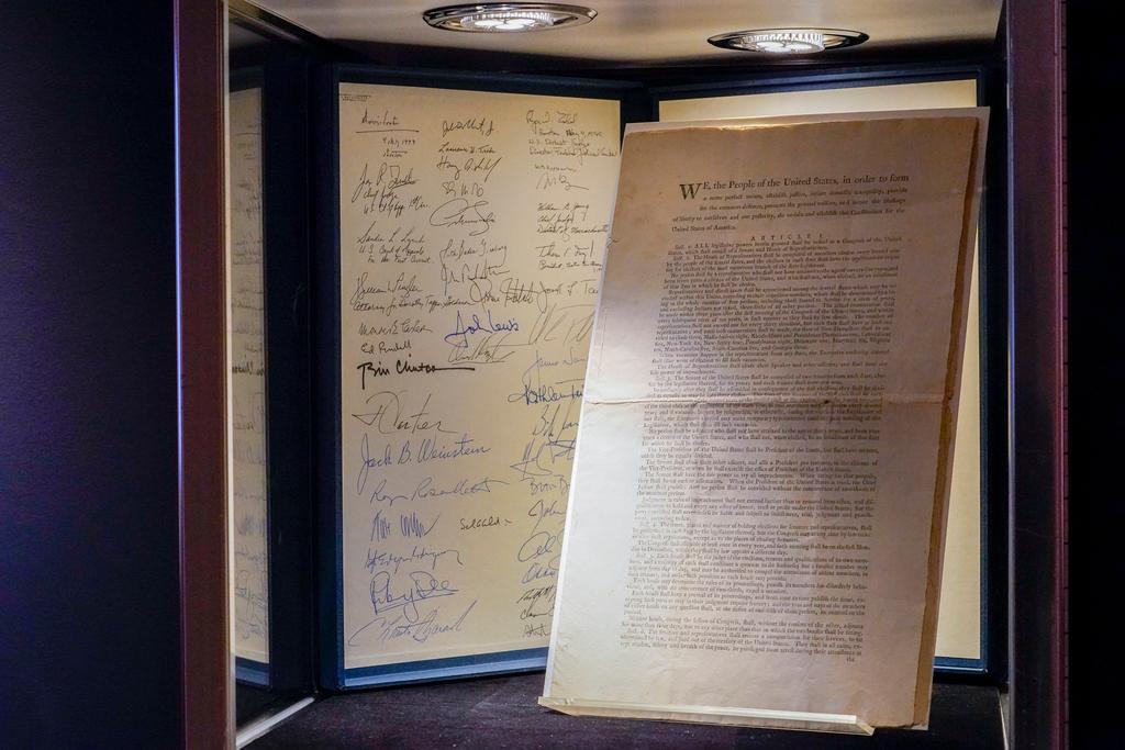 A first printing of the United States Constitution is displayed at Sotheby's auction house during a press preview on Nov. 5, 2021, in New York