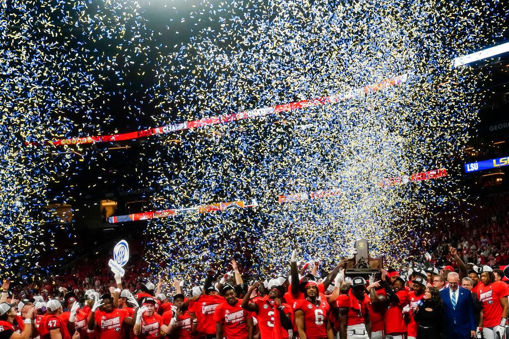 Georgia celebrates a win against LSU in the after the Southeastern Conference championship NCAA college football game, Saturday, Dec. 3, 2022, in Atlanta.