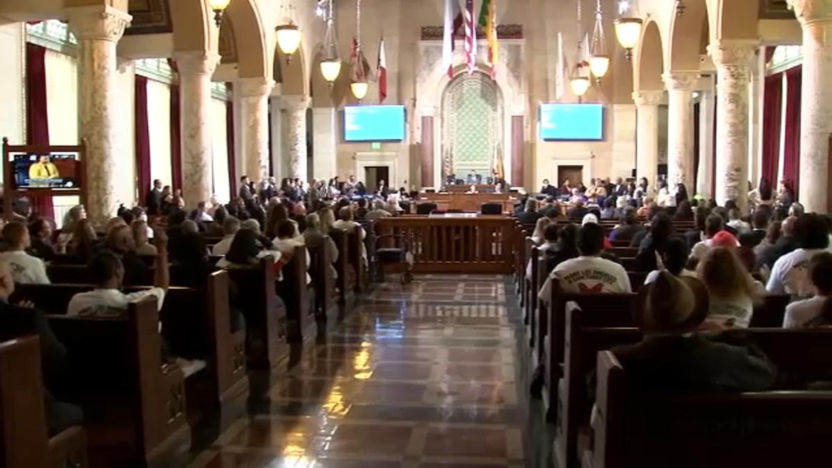 City council room filled with people