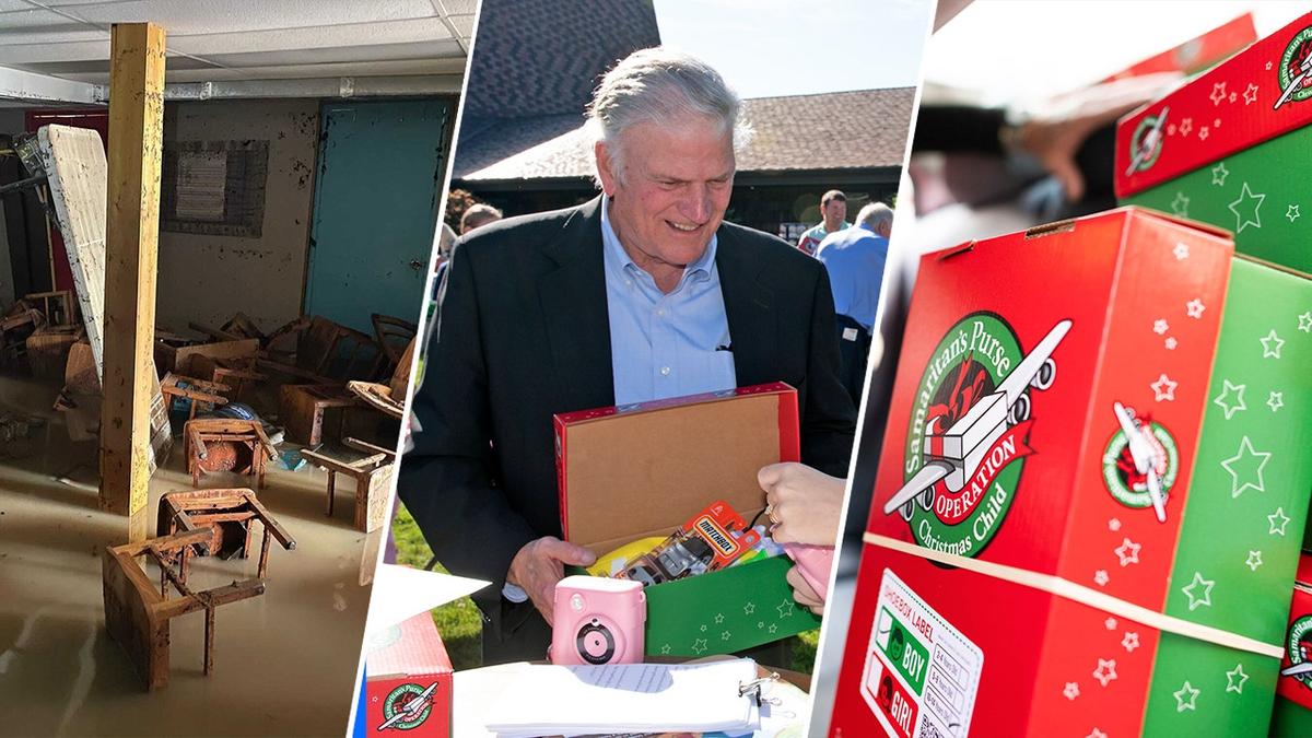 Split screen with flooded chairs, Franklin Graham holding a shoebox filled with gifts and a ready to go shoebox, red and green